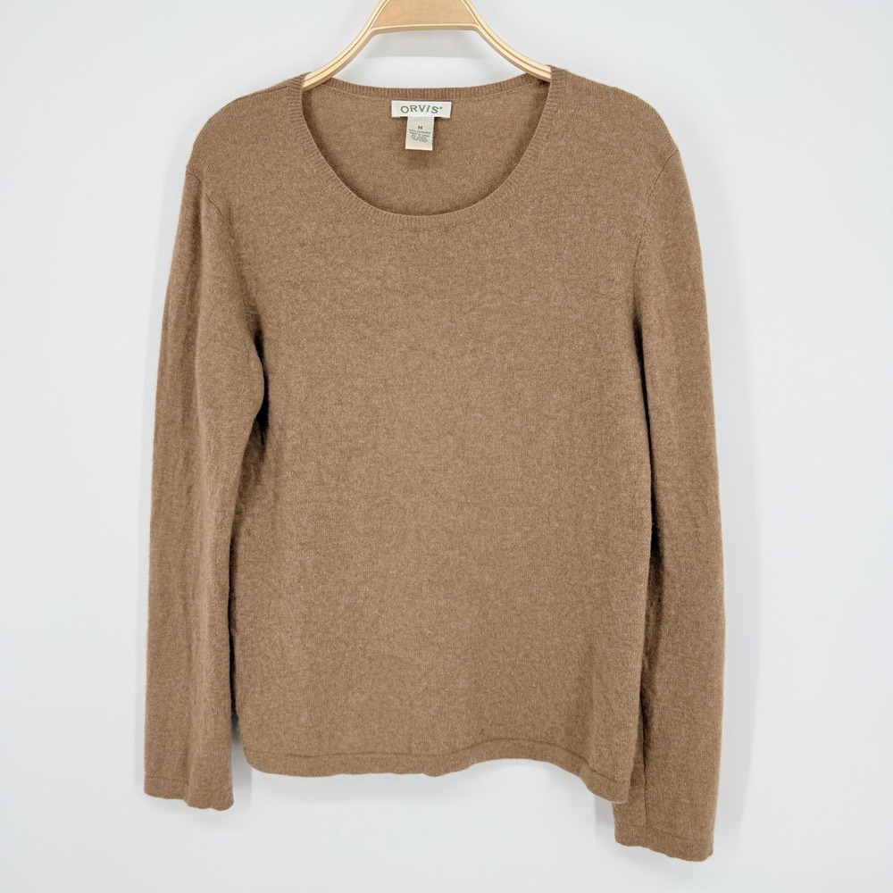 Orvis Sweater Womens Medium Tan Excellent 100% Cashmere Crew Neck Long Sleeve